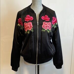 Floral Embroidered Satiny Bomber Jacket, Size M